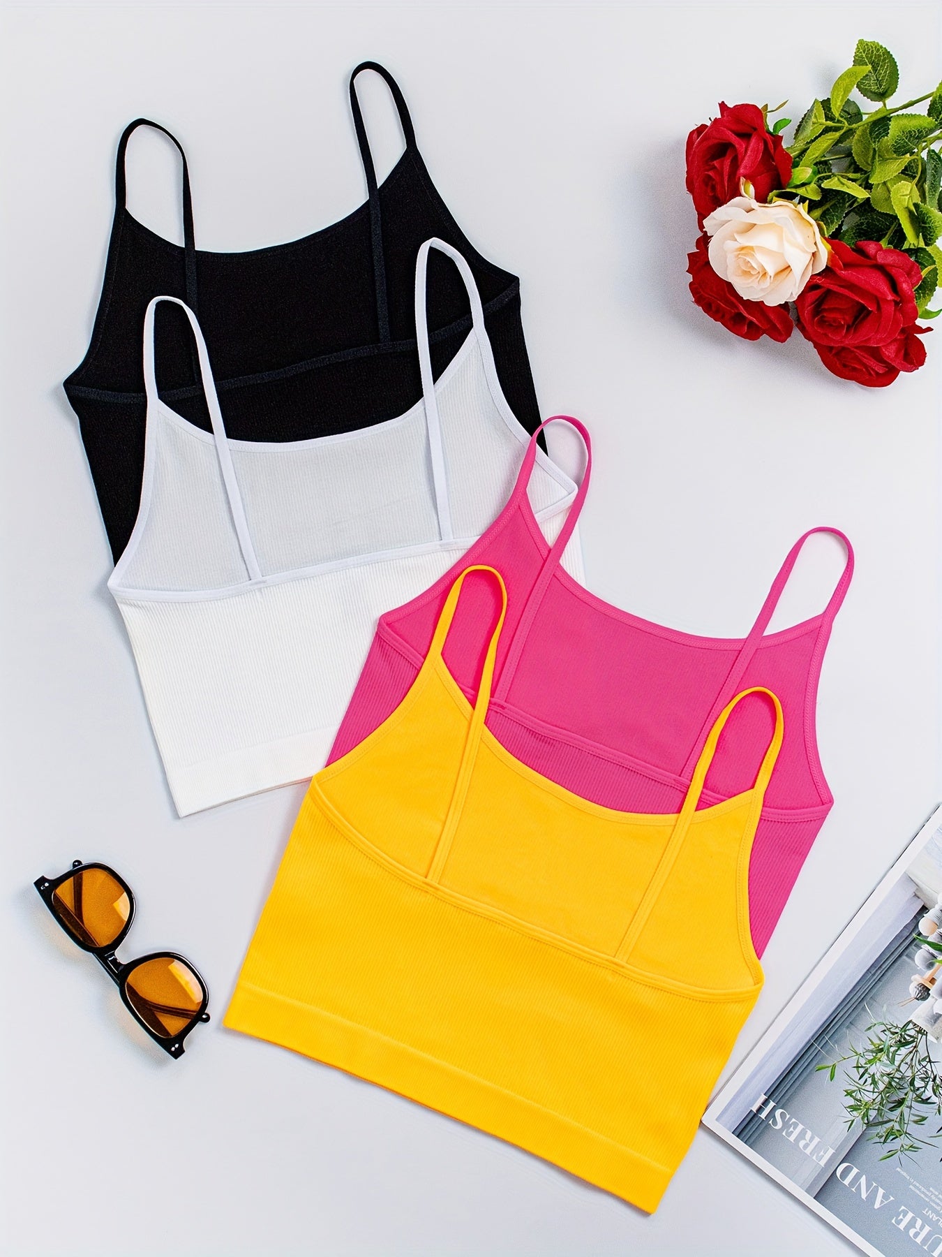 4-Pack Women's Polyamide Camisoles - Boho Style Knit Fabric Tank Tops with Strapless Design, Solid Color, Elastic No Padding Tanks for Ladies (90% Polyamide, 10% Elastane) - Elegant Collection