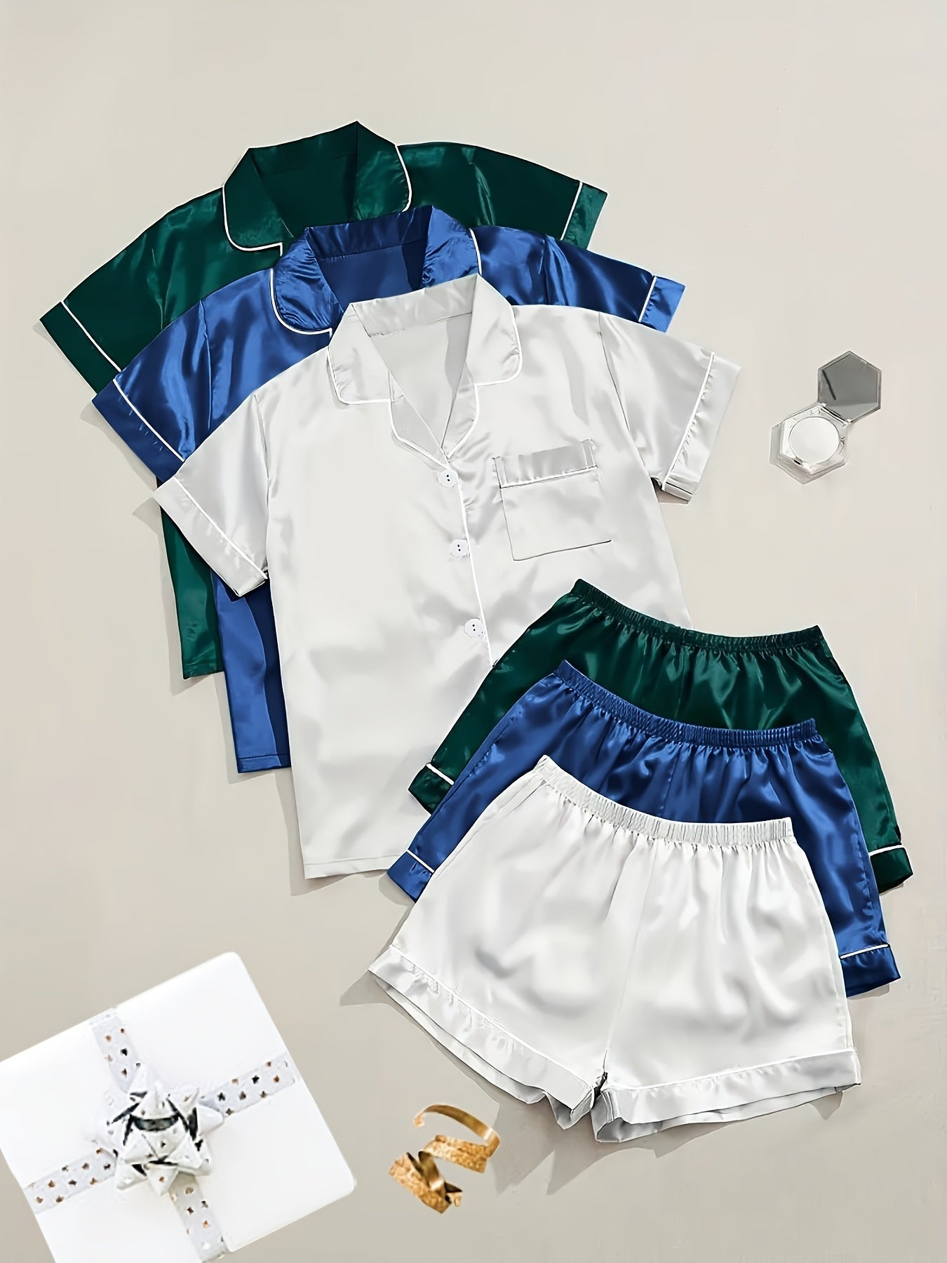 3 Sets Solid Satin Pajama Set, Casual Short Sleeve Buttons Lapel Top & Elastic Shorts, Women's Sleepwear