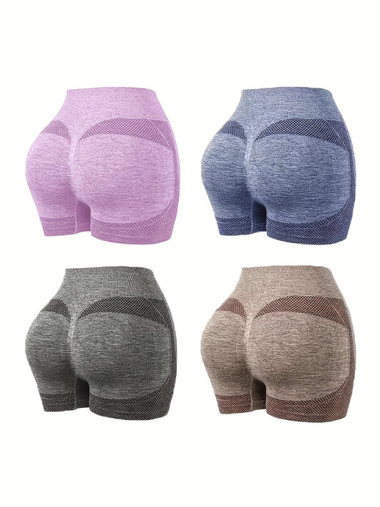 4-Piece High Waisted Sports Shorts - Vibrant Solid Colors, High-Rise Design, Soft and Breathable Seamless Knitted Fabric, Perfect for Yoga, Gym Exercise, and All-Season Sports Underwear for Women
