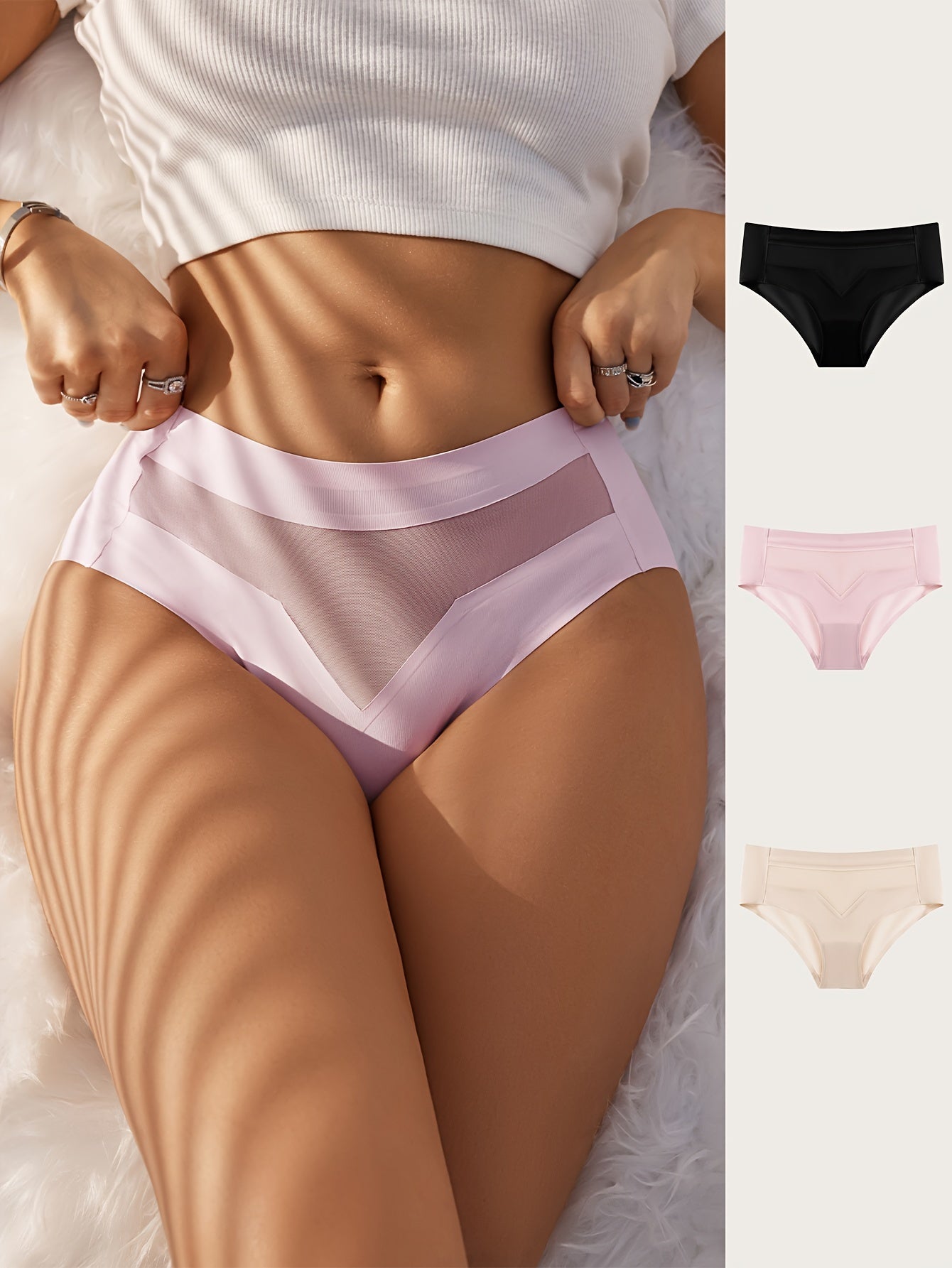 3 Pcs Sexy Panties, Mesh Contrast Semi Sheer Plain Intimates Briefs, Women's Lingerie & Underwear