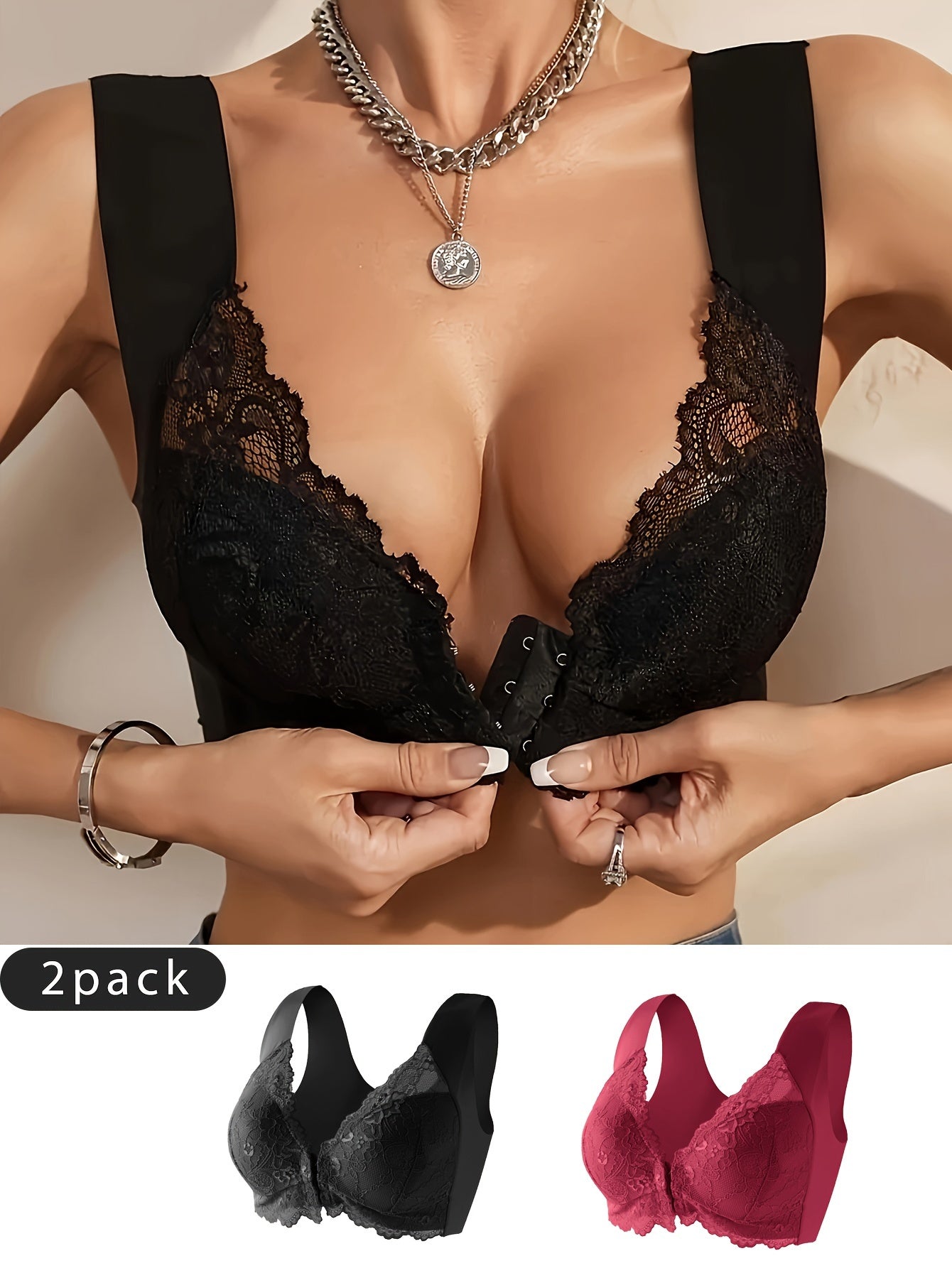 2-Pack Elegant Lace Deep V-Neck Wireless Bras - Women's Fashion Clothing - Front Closure, Comfortable, Breathable, Soft, Sexy Lingerie Set for Everyday Wear