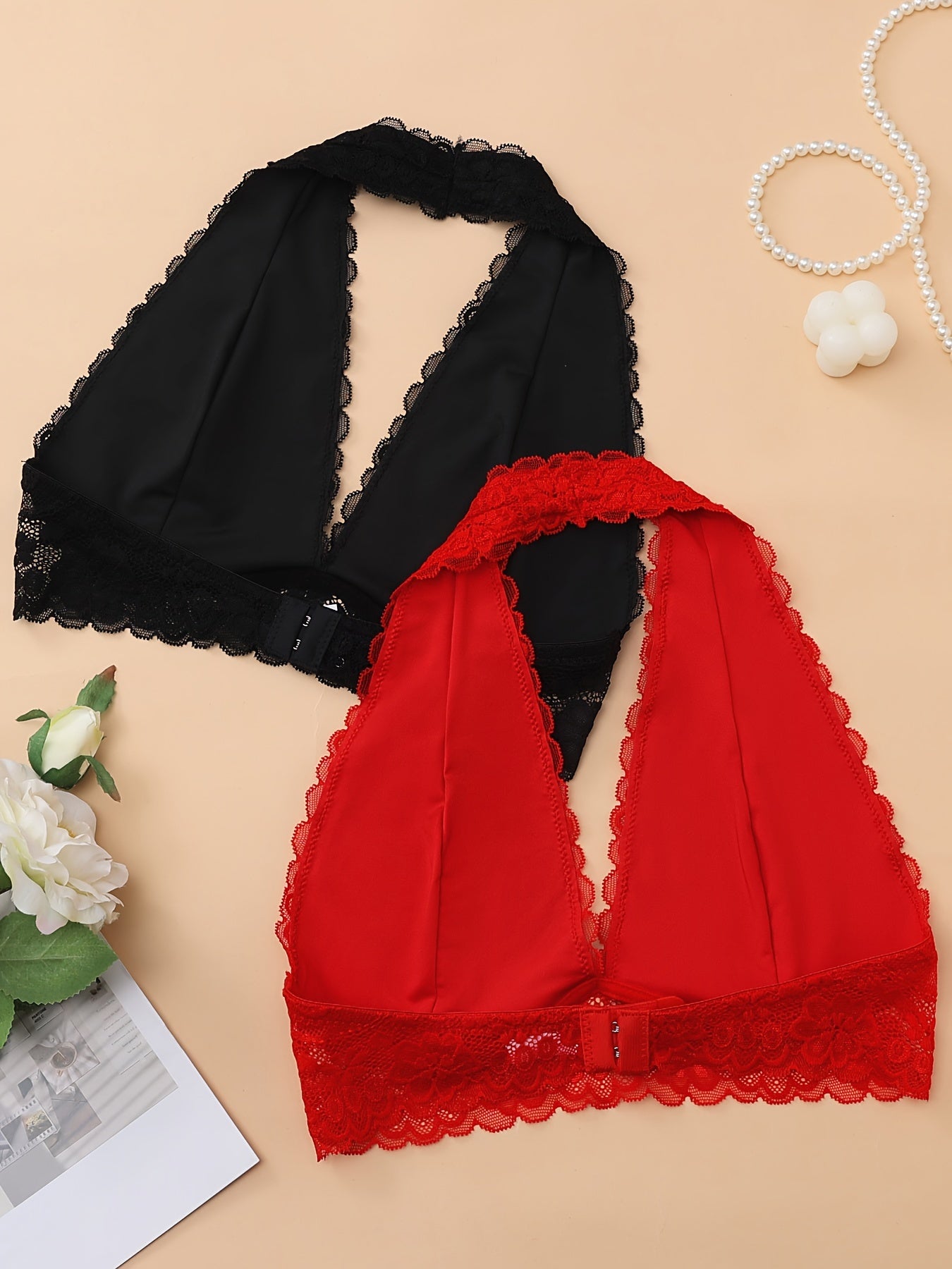 2pcs Solid Lace Halter Bra, Comfy & Breathable Bra, Women's Lingerie & Underwear