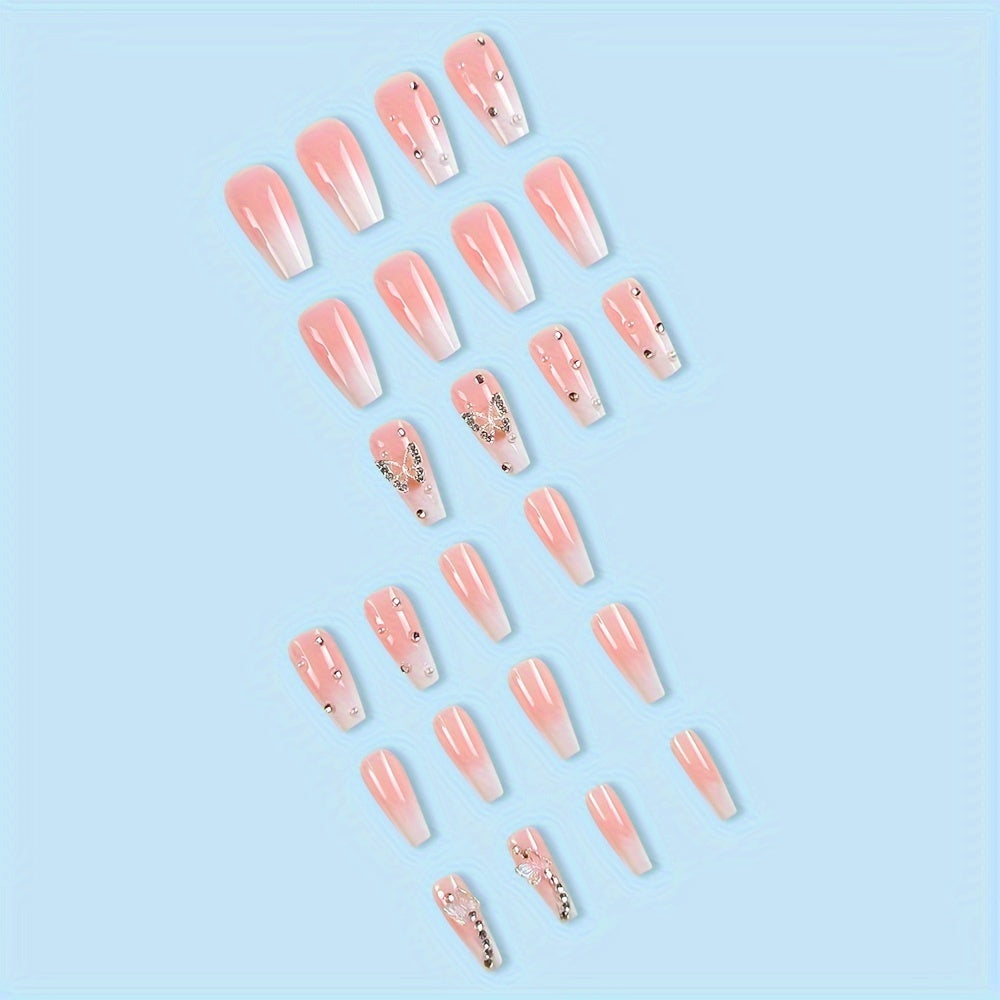 24 Pcs Glossy Medium Long Coffin Press On Nails - Pinkish Gradient False Nails With Butterfly Rhinestone Decor - Reusable Fake Nails For Women