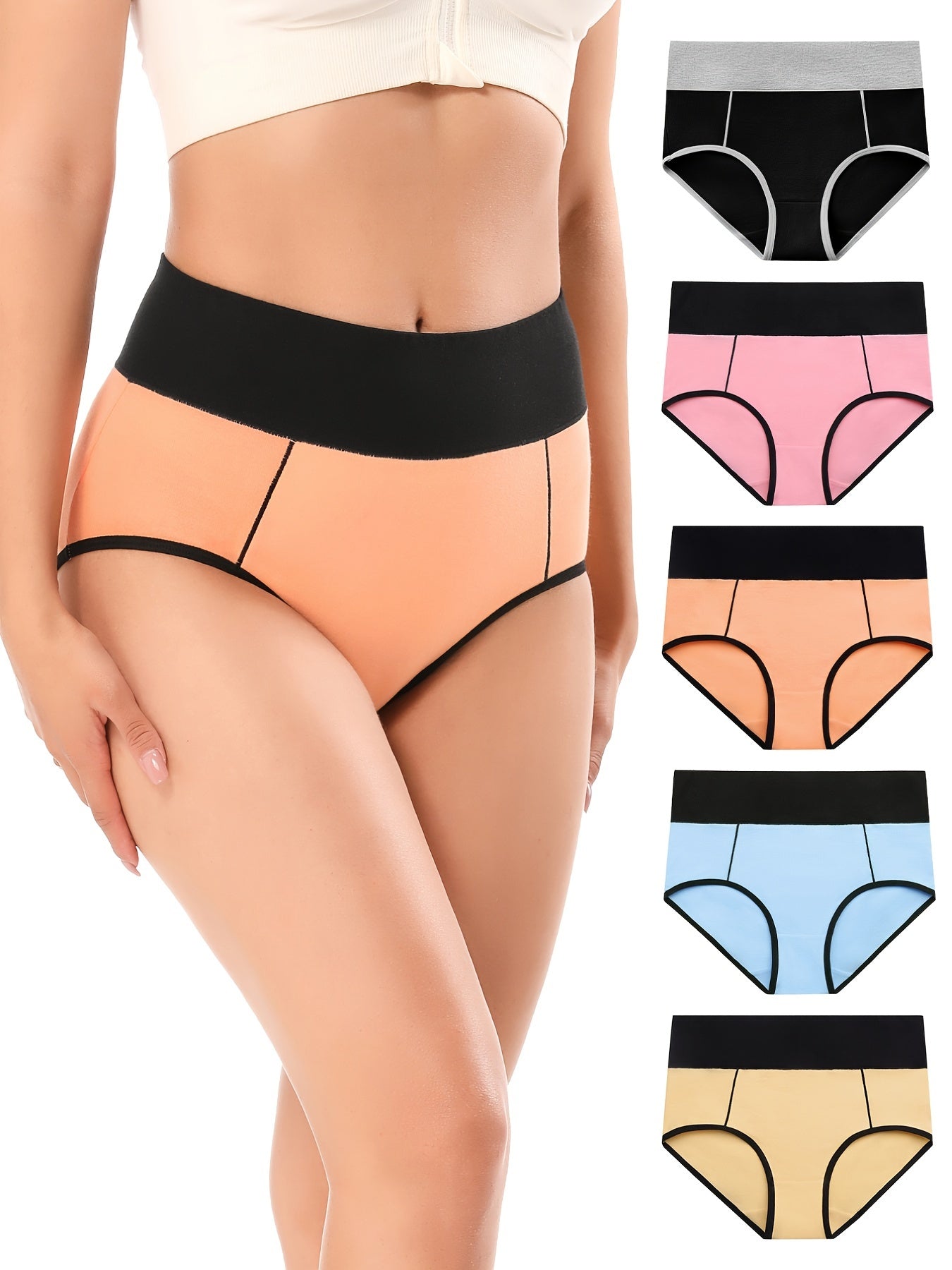 5 pack five piece Women's Plus Size Sporty High Waisted Soft & Comfy Briefs Set with Contrast Trim