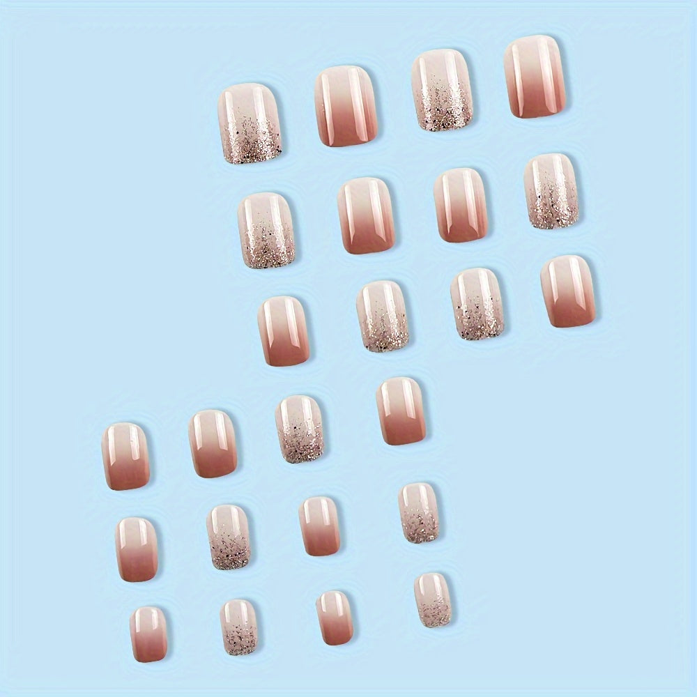 24 Pcs Glossy Short Square Press On Nails Gradient Pinkish French Style False Nails Glitter Reusable Fake Nails For Women