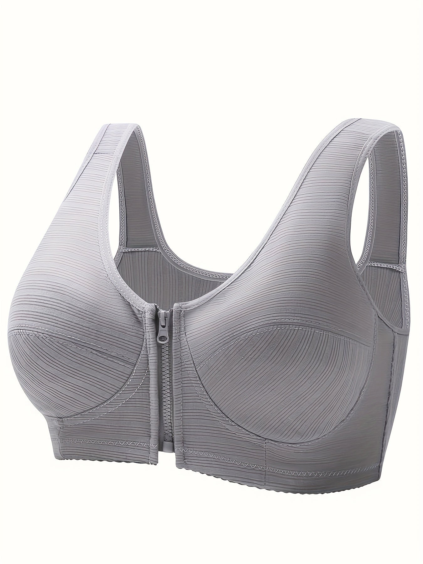 Simple Solid Striped Bra, Comfy & Breathable Zipper Front Wireless Bra, Women's Lingerie & Underwear