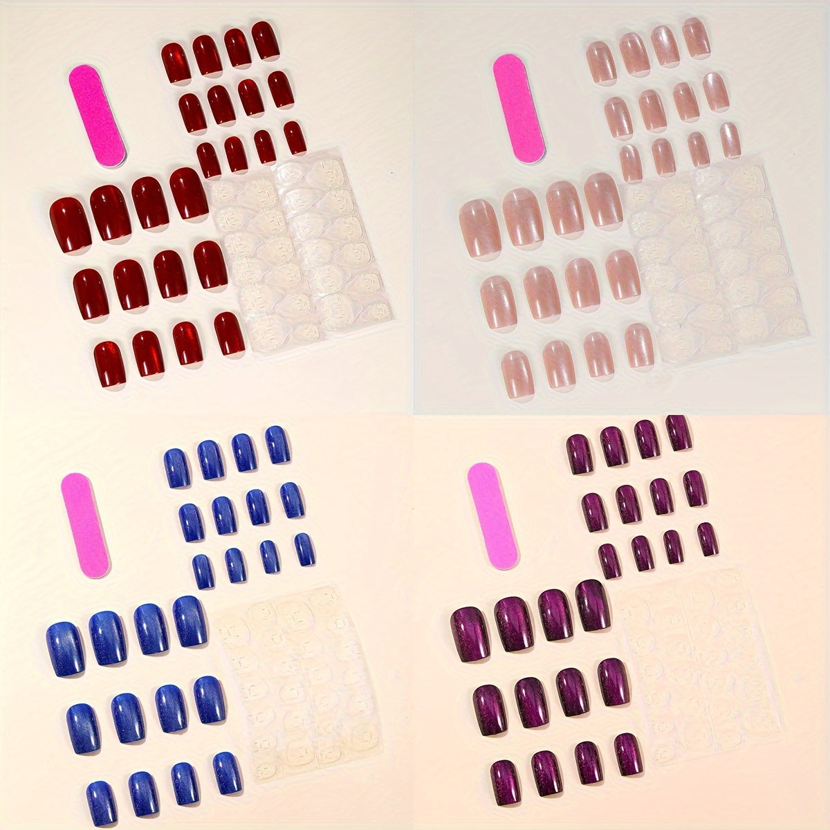 4 Box (96pcs) Glossy Short Square Nails Red Nude Pinkish Blue Purple Phantom Glitter Cat Eye Fake Nails Fully Cover False Nails Reusable Fake Nail For Female Girls