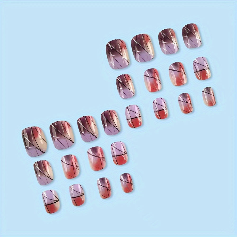 24-Piece Mixed Color Tone Square Short Nail Forms with Glossy Stripe and Aura Pattern - Red and Silver Line Nail Art Press-Ons Set