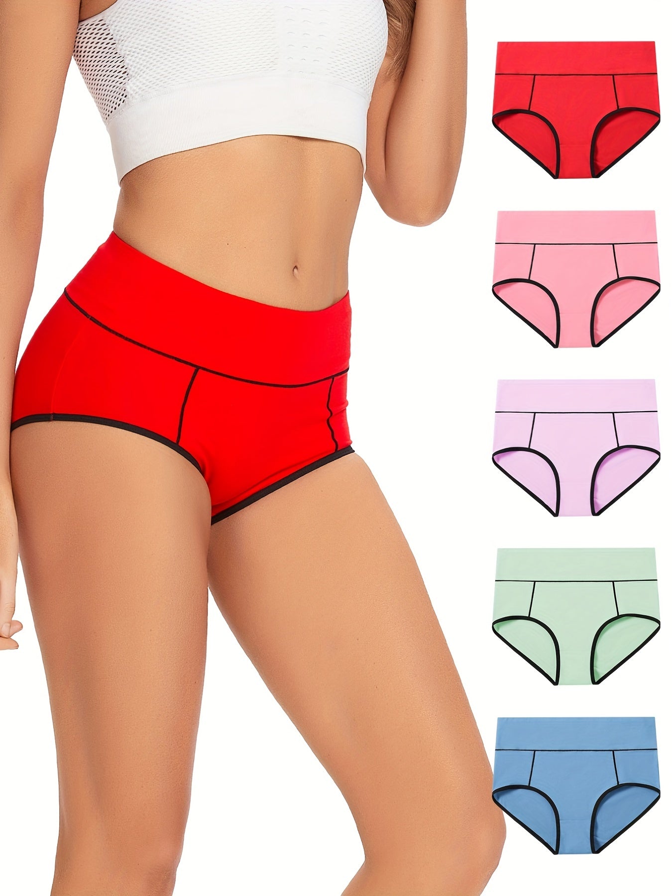 5 pack five piece Women's Plus Size Sporty High Waisted Soft & Comfy Briefs Set with Contrast Trim