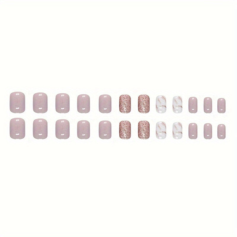 24pcs Glamour Square Press On Nails - Stylish Short Square Shape, Dazzling Gloss Glitter Finish, Full Cover Design for Women and Girls - Complete with Nail File and Jelly Glue for Easy Application