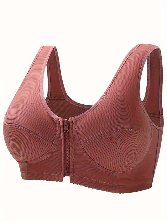 Simple Solid Striped Bra, Comfy & Breathable Zipper Front Wireless Bra, Women's Lingerie & Underwear