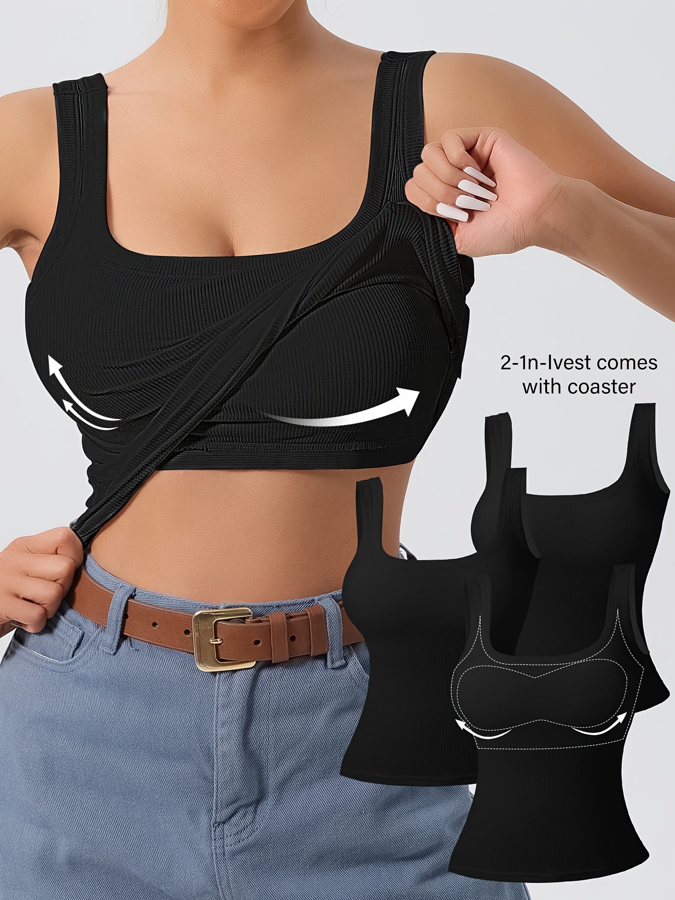 3Pcs U-Back Tank Tops Vest Set - Comfortable Removable Pads, Slim Fit, Solid Color, Versatile Inner & Outerwear for Women, Casual Camisole Style with Multi-Occasion Wear Options