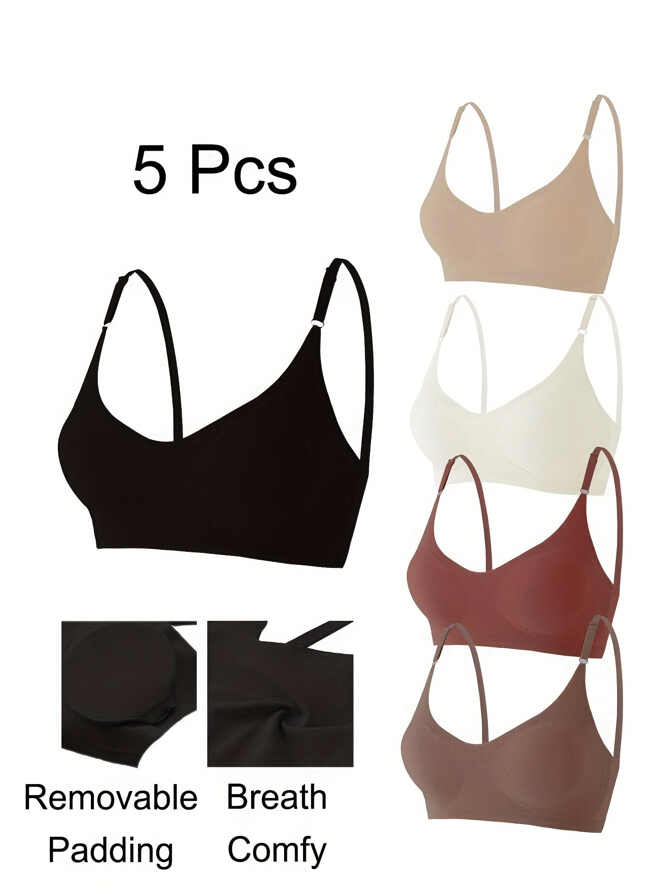 5pcs Seamless Solid Wireless Bras, Comfy & Breathable Stretch Intimates Bra, Women's Lingerie & Underwear