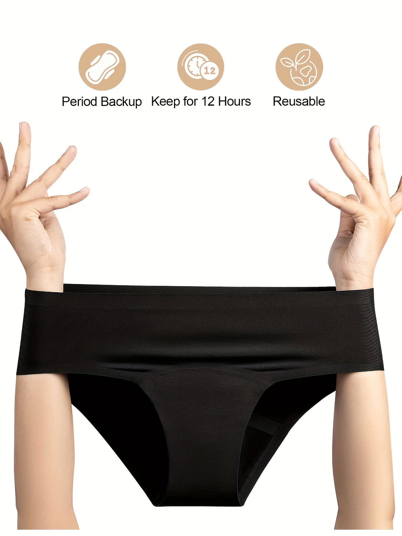 3-Pack Solid Seamless Menstrual Underwear, High Absorbency Period Panties, Invisible Leakproof, Breathable, Comfort Fit, Black, Large Flow Protection