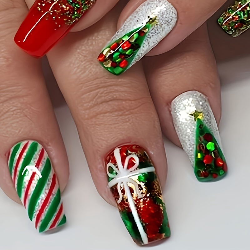 24-Piece Christmas Press On Nails Set, Mixed Color Holiday Theme, Glossy Ballet Shape Fake Nails, Medium Length with Festive Patterns – Easy Application Press-On Manicure Kit