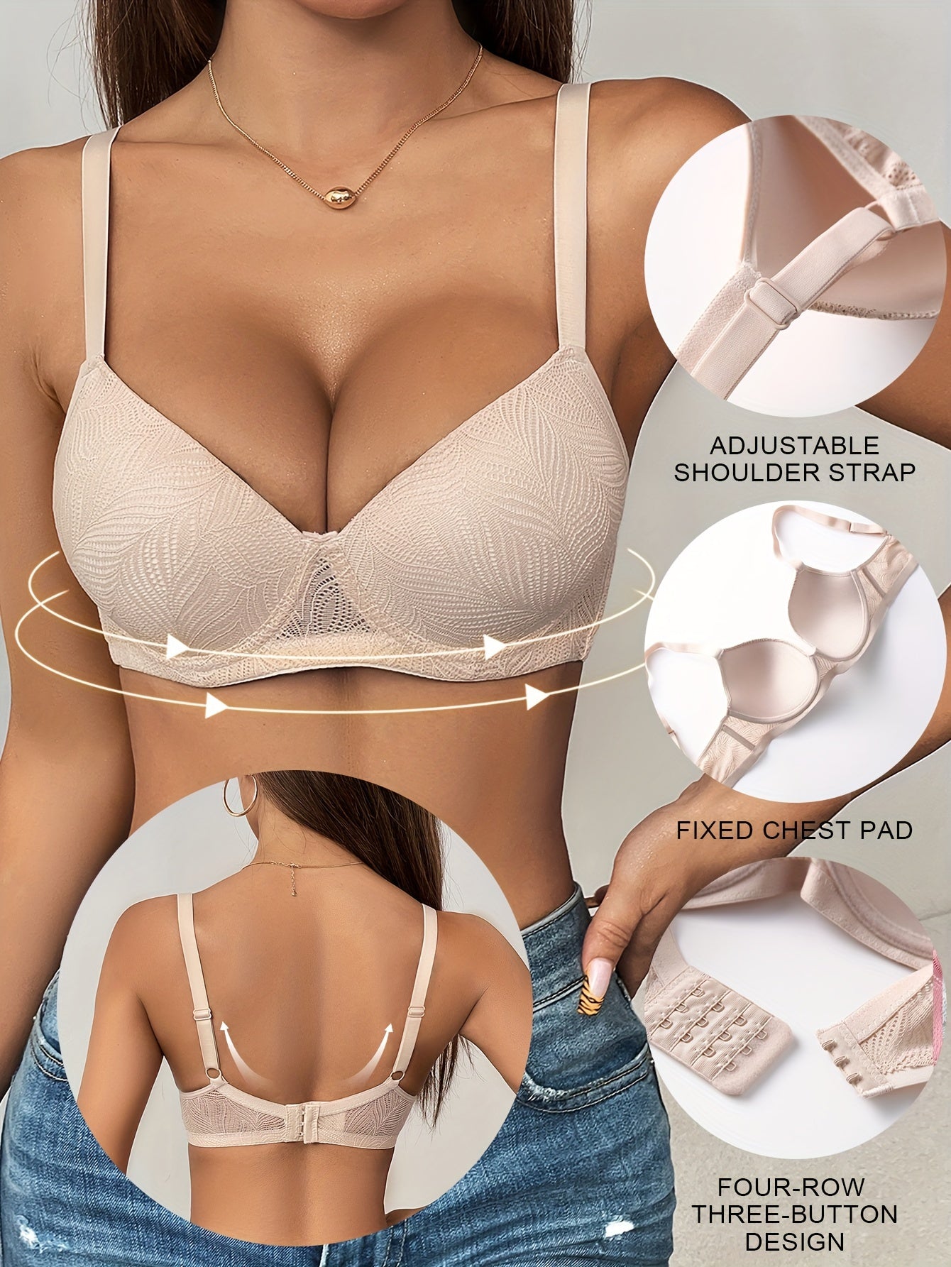 6pcs Solid Jacquard Underwire Adjustable Push Up Bra - Everyday Bras for Women, Comfy Breathable Lingerie with Sexy Design, Soft Cups and Adjustable Straps for Perfect Fit