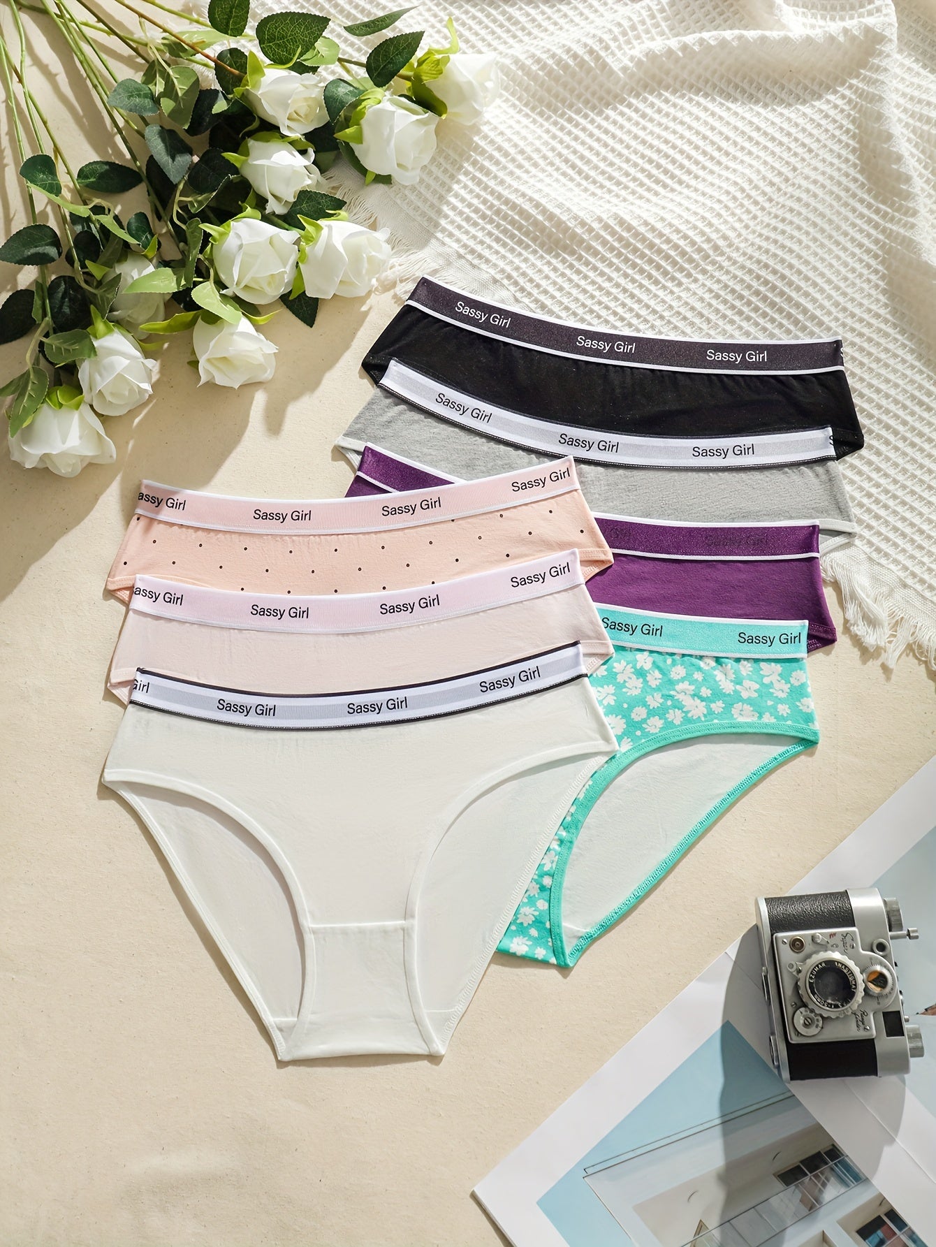 7pcs Colorblock Letter Tape Briefs, Comfy Breathable Stretchy Intimates Panties, Women's Lingerie & Underwear