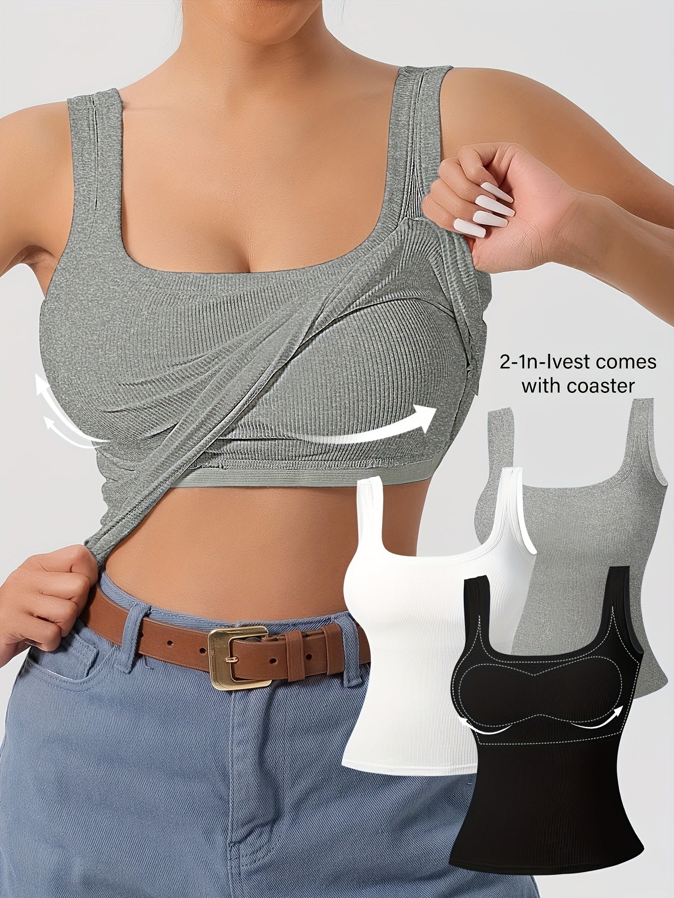 3Pcs U-Back Tank Tops Vest Set - Comfortable Removable Pads, Slim Fit, Solid Color, Versatile Inner & Outerwear for Women, Casual Camisole Style with Multi-Occasion Wear Options