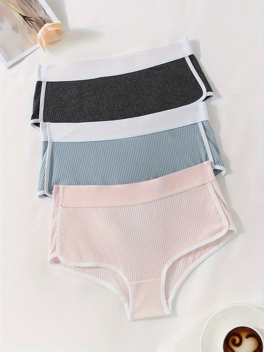 3pcs Seamless Color Block Briefs, Simple Comfy Breathable Stretchy Intimates Panties, Women's Lingerie & Underwear