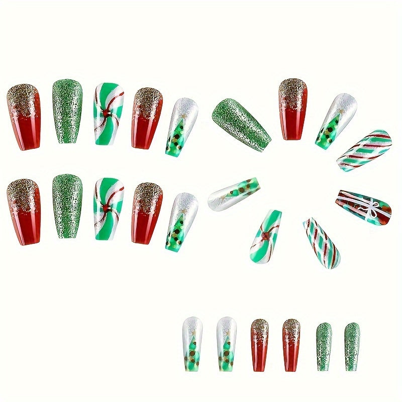 24-Piece Christmas Press On Nails Set, Mixed Color Holiday Theme, Glossy Ballet Shape Fake Nails, Medium Length with Festive Patterns – Easy Application Press-On Manicure Kit