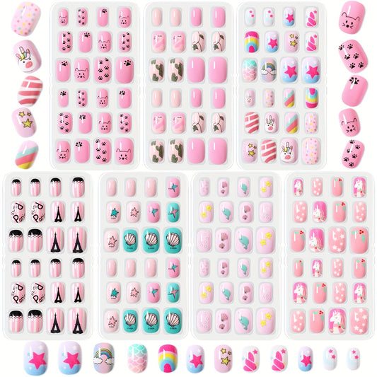 168-Piece, 7-Set Self-Adhesive Pre-Glued Kids Press-On Nails Kit - Diverse Cute Patterns, Premium Acrylic Material, Safe & Harm-Free, Easy to Apply, Long-Lasting, and Fun for Girls