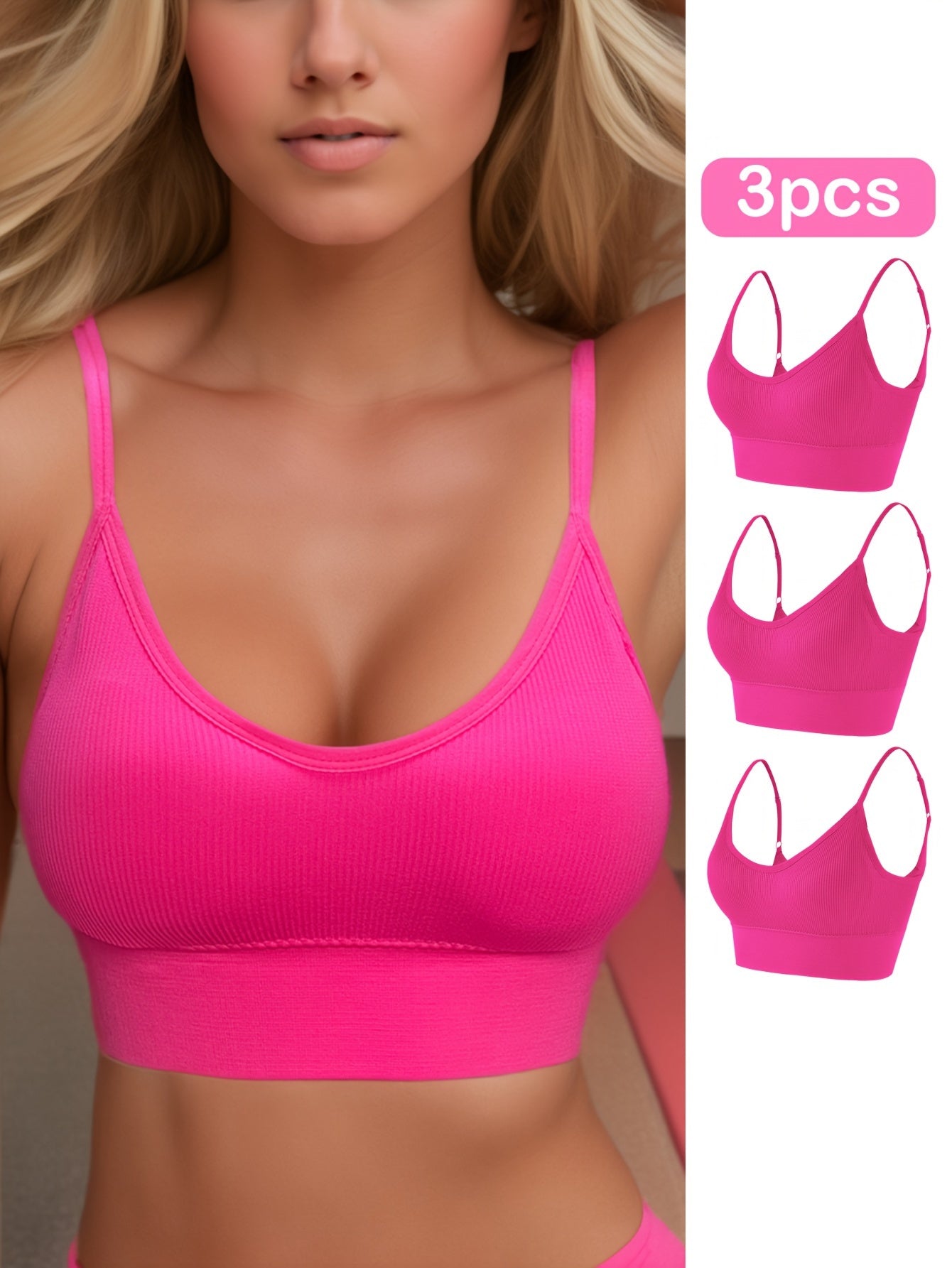 3pcs Solid Ribbed Sports Bra, Comfy & Breathable Fitness Workout Intimates Bra, Women's Lingerie & Underwear