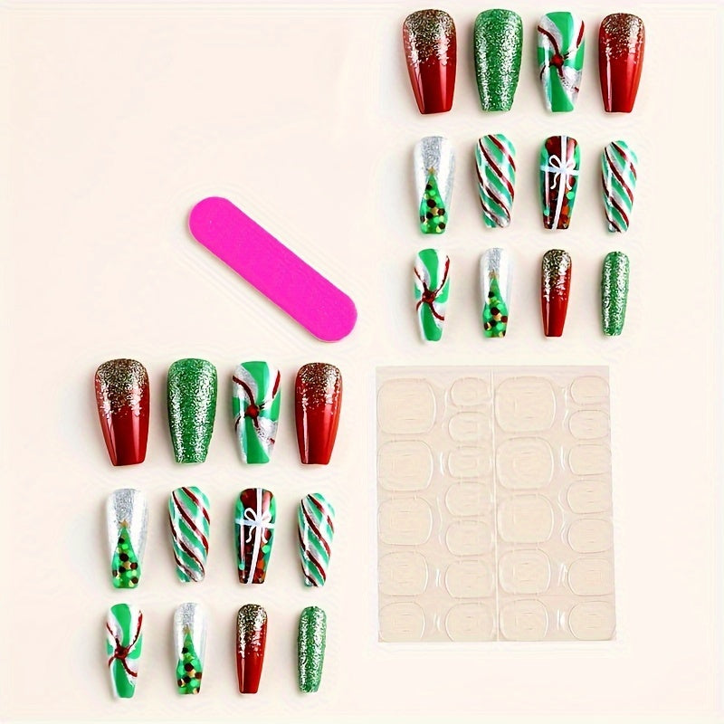 24-Piece Christmas Press On Nails Set, Mixed Color Holiday Theme, Glossy Ballet Shape Fake Nails, Medium Length with Festive Patterns – Easy Application Press-On Manicure Kit