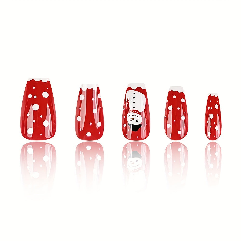 24-Pcs Ballet-Shape Short Press-On Nails - Glossy Red with White Polka Dots, Holiday-Themed Snowman & Christmas Tree Design - Reusable Artificial Fake Nails Set for Women