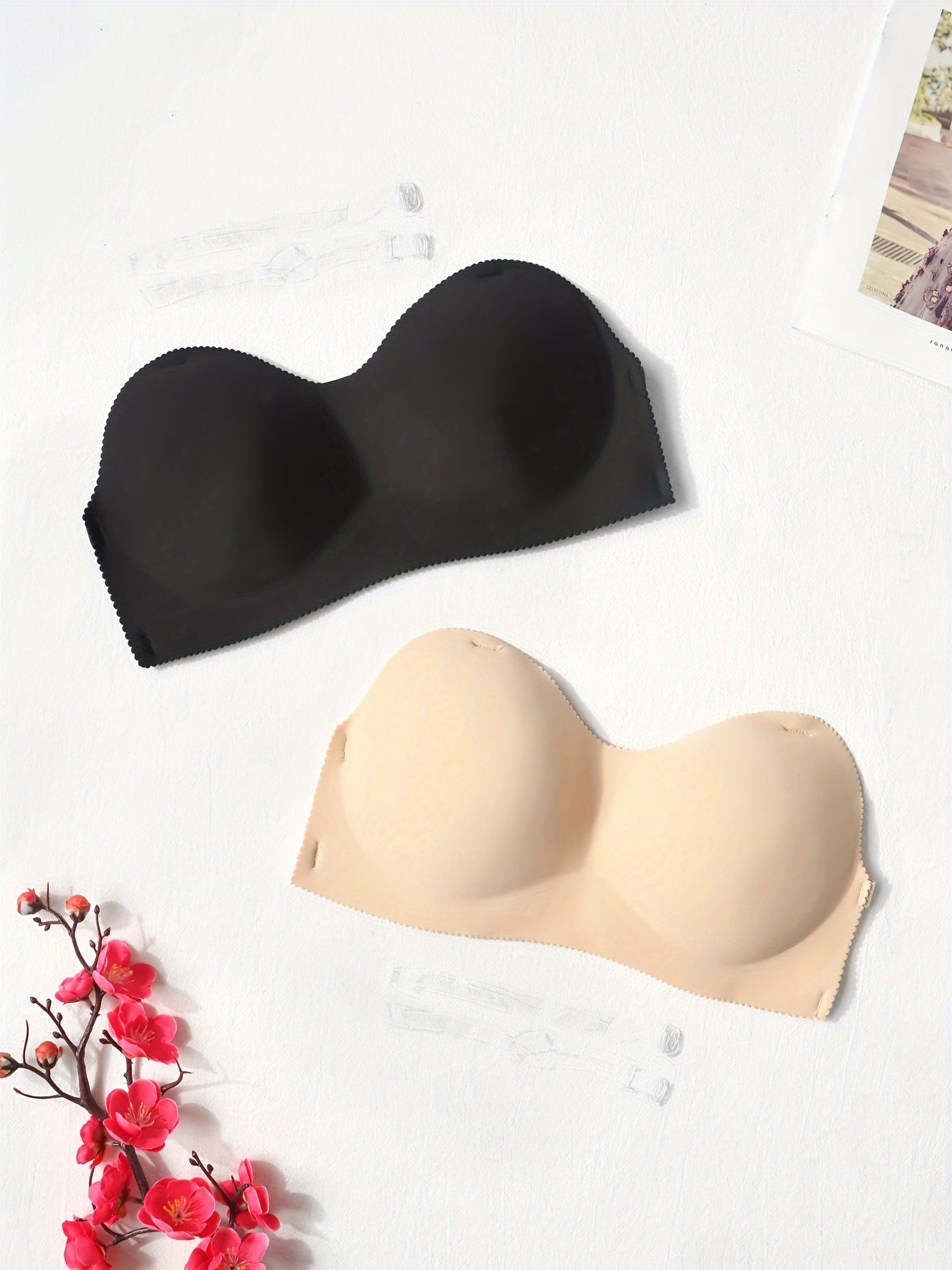 2 Pcs Solid Strapless Bra, Comfy Push Up Stretch Invisible Bra, Women's Lingerie & Underwear