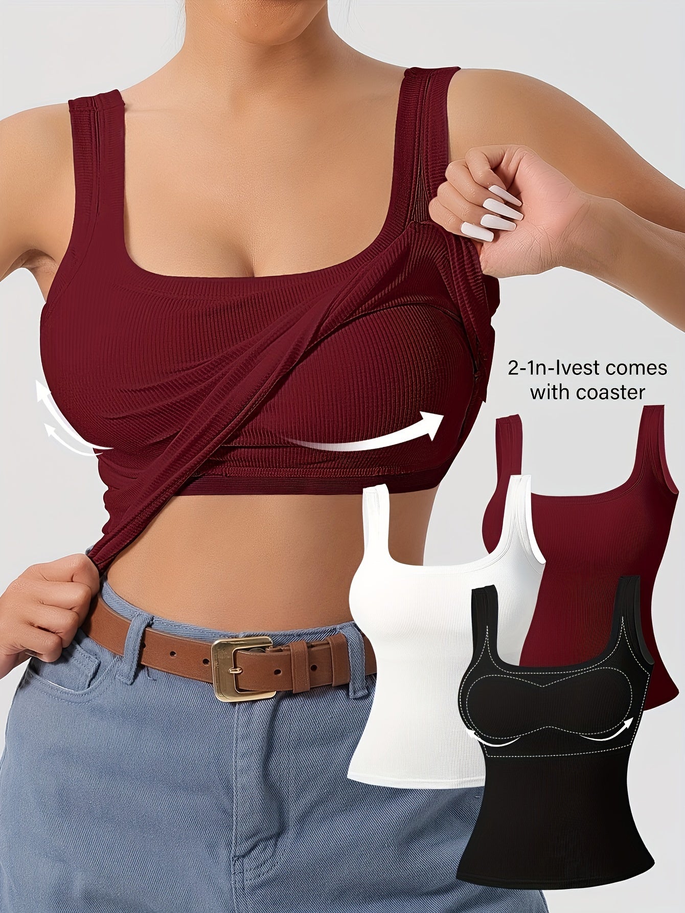 3Pcs U-Back Tank Tops Vest Set - Comfortable Removable Pads, Slim Fit, Solid Color, Versatile Inner & Outerwear for Women, Casual Camisole Style with Multi-Occasion Wear Options