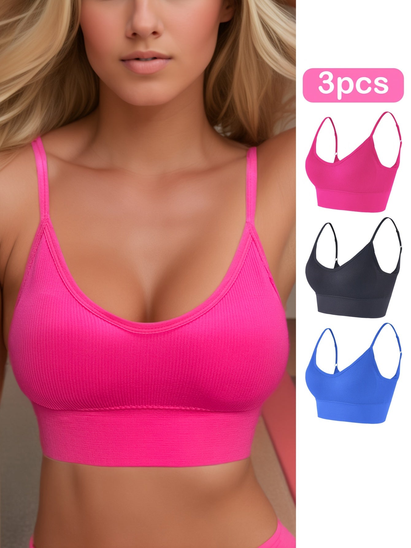 3pcs Solid Ribbed Sports Bra, Comfy & Breathable Fitness Workout Intimates Bra, Women's Lingerie & Underwear