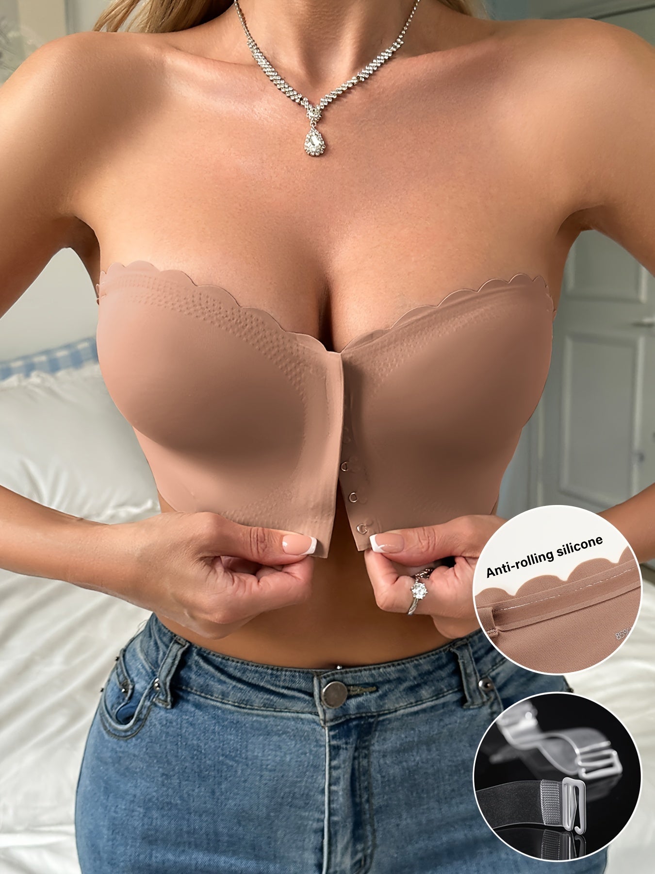 Women's Strapless Front Closure Bra, Seamless Solid Color, No Underwire, Wave Edge Design, Casual Style with Anti-Rolling Silicone Grip