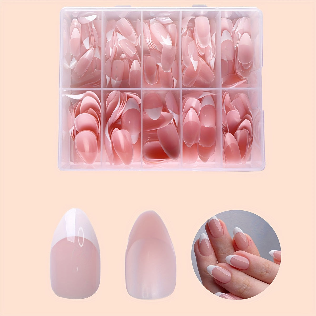 120pcs Boxed Fake Nails Set, Nude Pink & White French Manicure, Short Oval Ballet Nails, Pre-designed Press-on False Nail Tips for Easy DIY Manicure