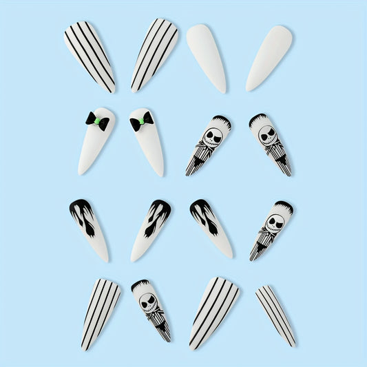 24 Pcs Halloween Glossy Long Stiletto Press-On Nails, Black & White French False Nails with Skeleton & Stripe Design, Rhinestone Accents, Reusable Fake Nail Set for Women