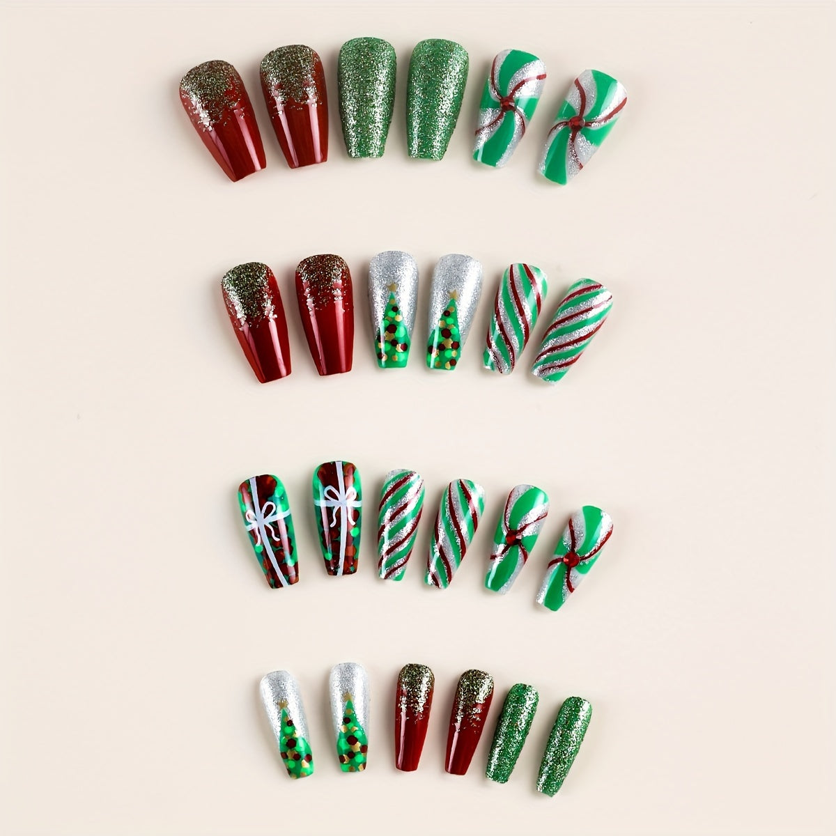 24pcs Sparkling Christmas Press-On Nails Set - Red & Green Striped, Medium Ballet Shape With Glitter Accents, Includes Jelly Adhesive & Nail File