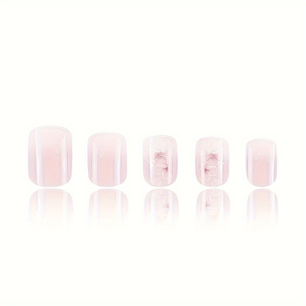 Nail Art Essentials - Short Shape White Floral Nail Tips with High-Gloss Finish for a Salon-Like Look, Artificial Nail Stickers for Easy Application