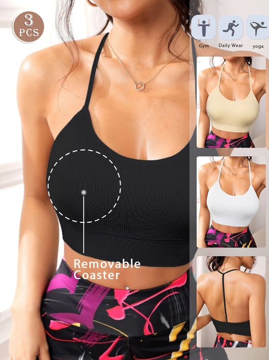 3 Pcs Solid Color Striped Seamless Stretch Comfortable Back Fitness Sports Tank Top & Sleeveless Strapless Sexy Outwear Camisole Bra & Women's Underwear and Lingerie