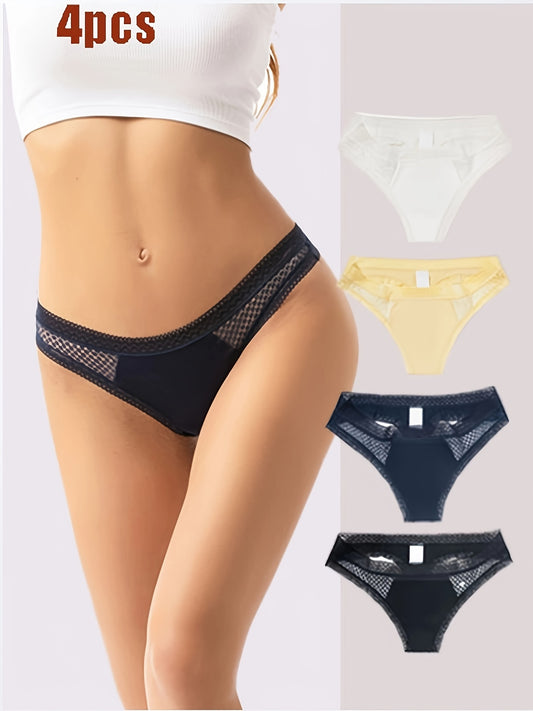 4 Pcs Sexy Thongs, Plain Lace Scallop Trim Low Waisted Intimates Panties, Women's Lingerie & Underwear