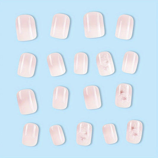 24Pcs/set Glossy Short Oval Press On Nails White And Pinkish Gradient Style False Nails With Flower Pattern Reusable Acrylic Fake Nails