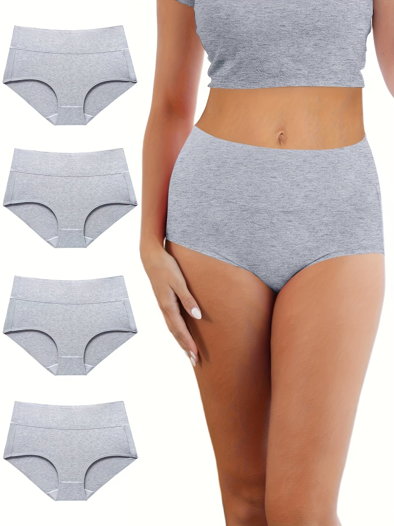 4pcs Women's Simple Panties Set, Plus Size Solid Elastic Waistband High Waist Breathable Underwear