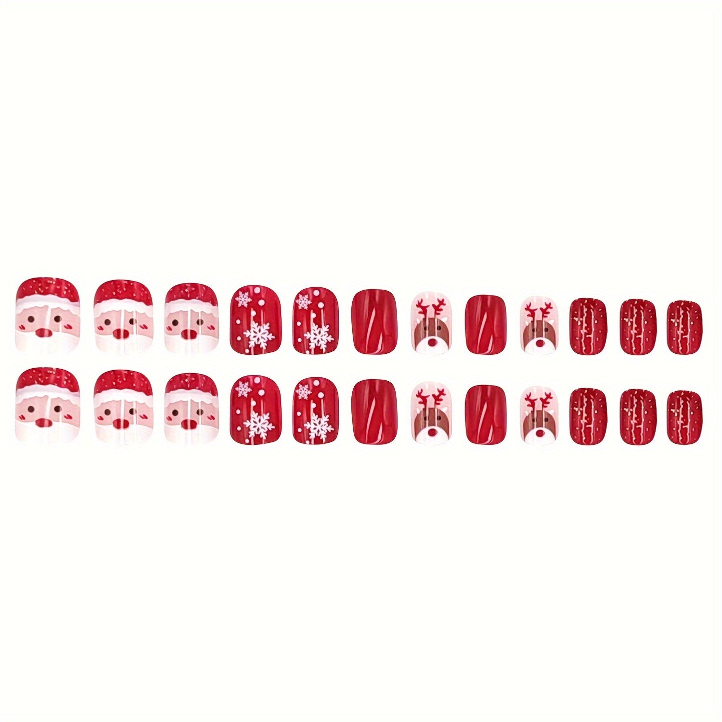 24Pcs Christmas Red Short Square Press on Nails - Nail Forms with Snowflake Designs, Cute Elk Patterns, Full Cover, False Nails, Stick on Nails for Women, Christmas Nail Art Decorations, Easy to Apply, Long-Lasting, and Durable