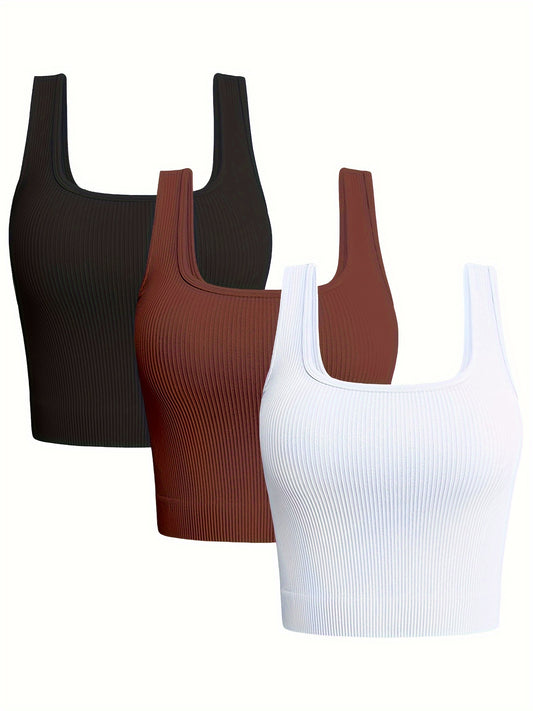 3pcs Solid Color Ribbed Seamless Tank Top Inside Bottoming Anti-glare Tube Top Small Vest