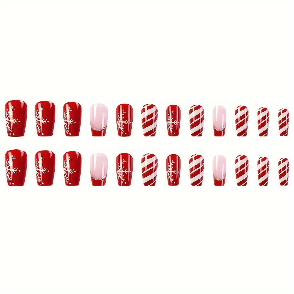 24Pcs Christmas Press on Nails Set - Short Ballet Fake Nails with Red & White Stripe, Glitter, and Holiday Elements - Glossy Finish for Women