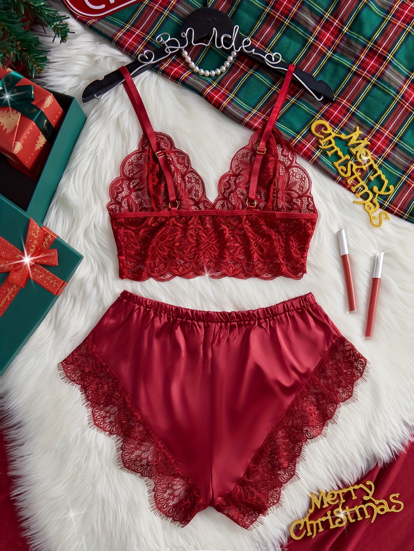 Festive Red Lace Sexy Christmas Underwear Set with Bow Details - Women'S Lingerie