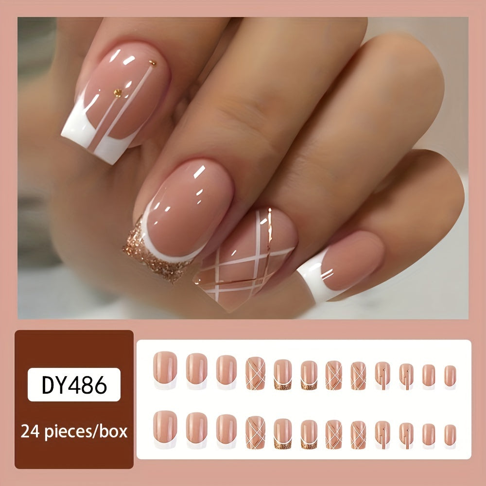 24pcs White French Tip Press On Nails, Square Fake Nails With White And Golden Line Design, Glossy Full Cover Golden Glitter False Nails Women And Girls