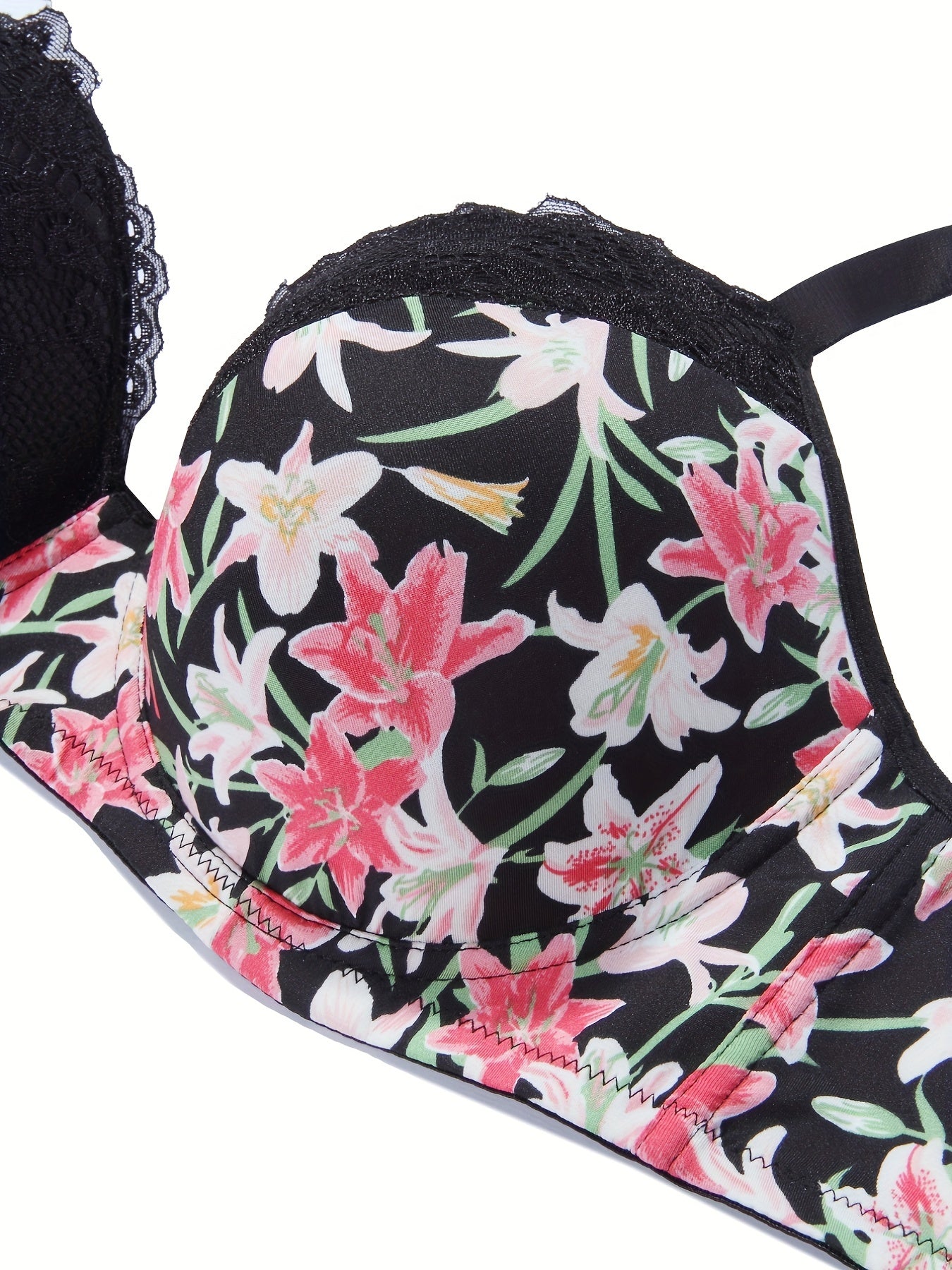 Plus Size Sexy Bra, Women's Plus Floral Print Contrast Lace Trim Underwire Molded Cup Bra