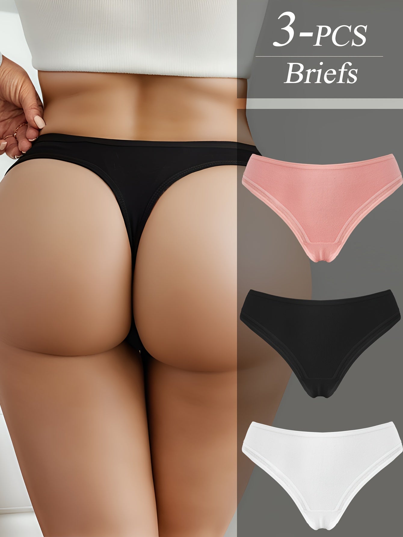 3pcs Simple Solid Thongs, Soft & Comfy Stretchy Intimates Panties, Women's Lingerie & Underwear