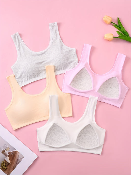 4-piece girls' underwear, 9-15 years old, solid color basic fixed cup, comfortable and breathable, without steel ring wide shoulder strap