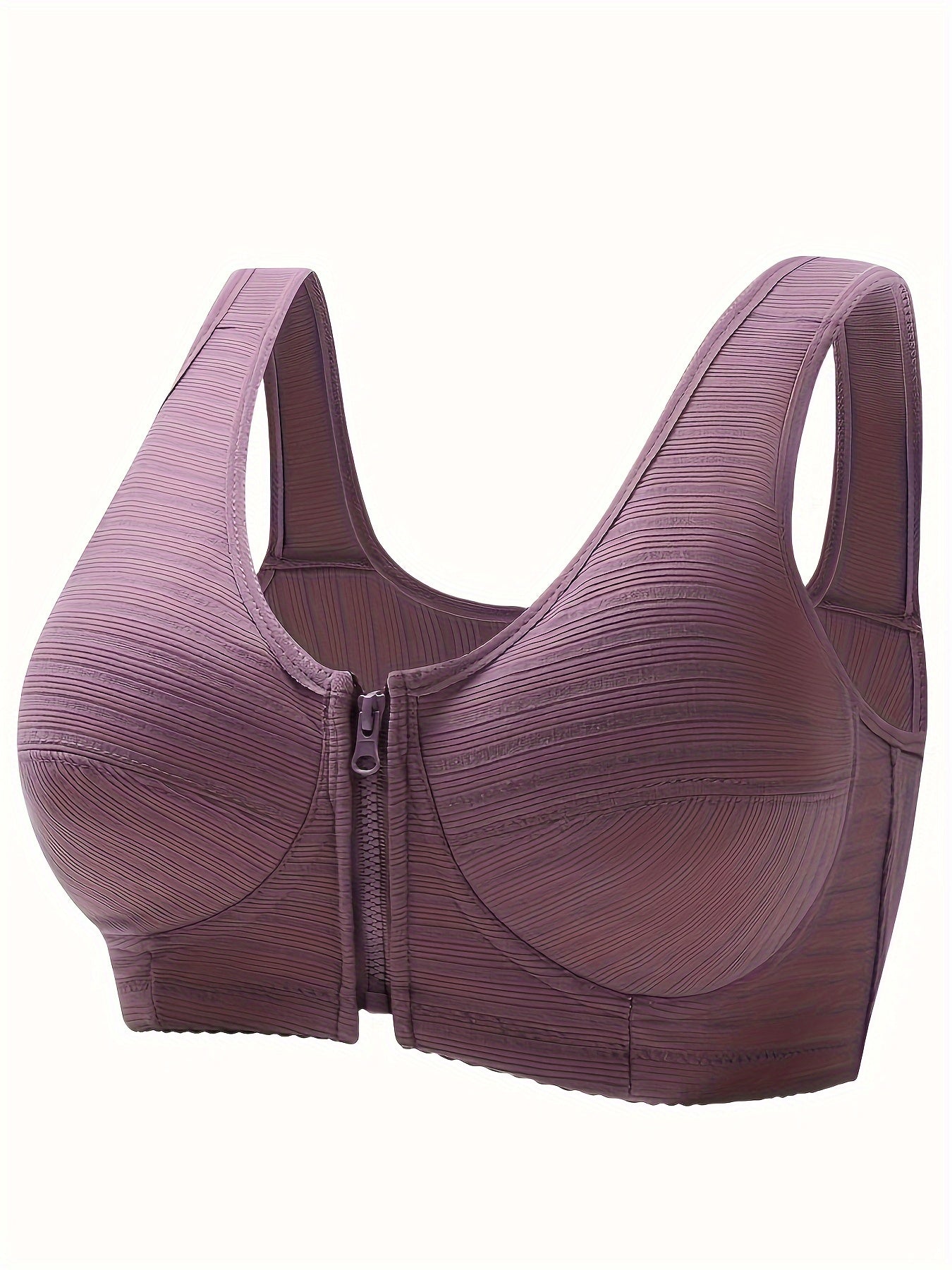 Simple Solid Striped Bra, Comfy & Breathable Zipper Front Wireless Bra, Women's Lingerie & Underwear