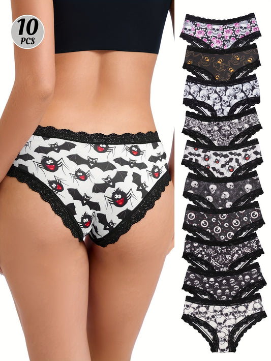 10pcs Gothic Chic Low-Rise Bikini Panties for Women - Sexy Lace Trim, Halloween Skull & Star Prints, Comfortable Hipster Underwear